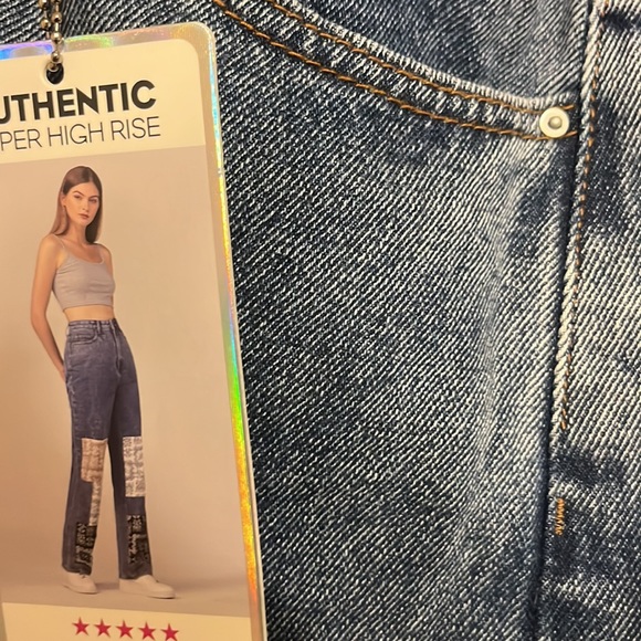 Simple Society Baggy Super High Rise Denim Jeans with Handkerchief Patchwork - Picture 7 of 9